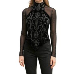 ❗️SOLD❗️Velour Beaded Shimmer Black Top Women’s XL Sheer Long Sleeve vintage